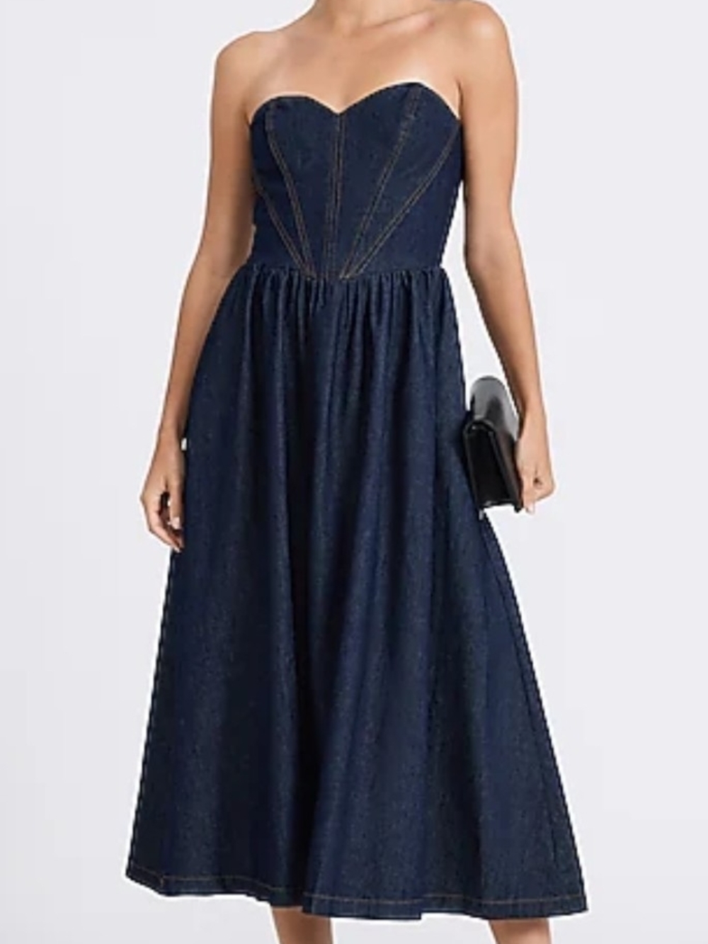 Express Denim Strapless Sweetheart Seamed Midi Dress with Pockets